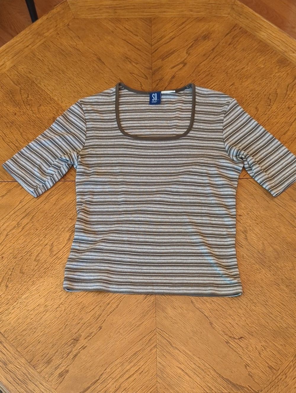 Brown & Cream Striped Scoop Neck Cropped Baby Tee Earth Tones Retro Basic - Picture 1 of 5